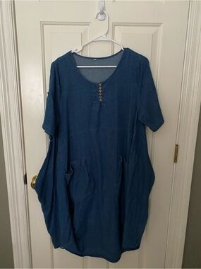 Blue Asymmetrical Women’s Shift Dress with Front Pockets